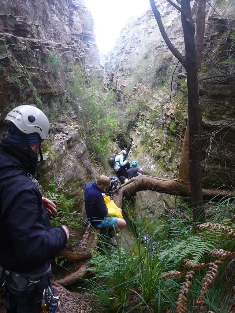 Winter Canyoning at Tiger Snake Canyon // Newnes (NSW,) Warwick Harding, hikers, helmet, gorge, walls