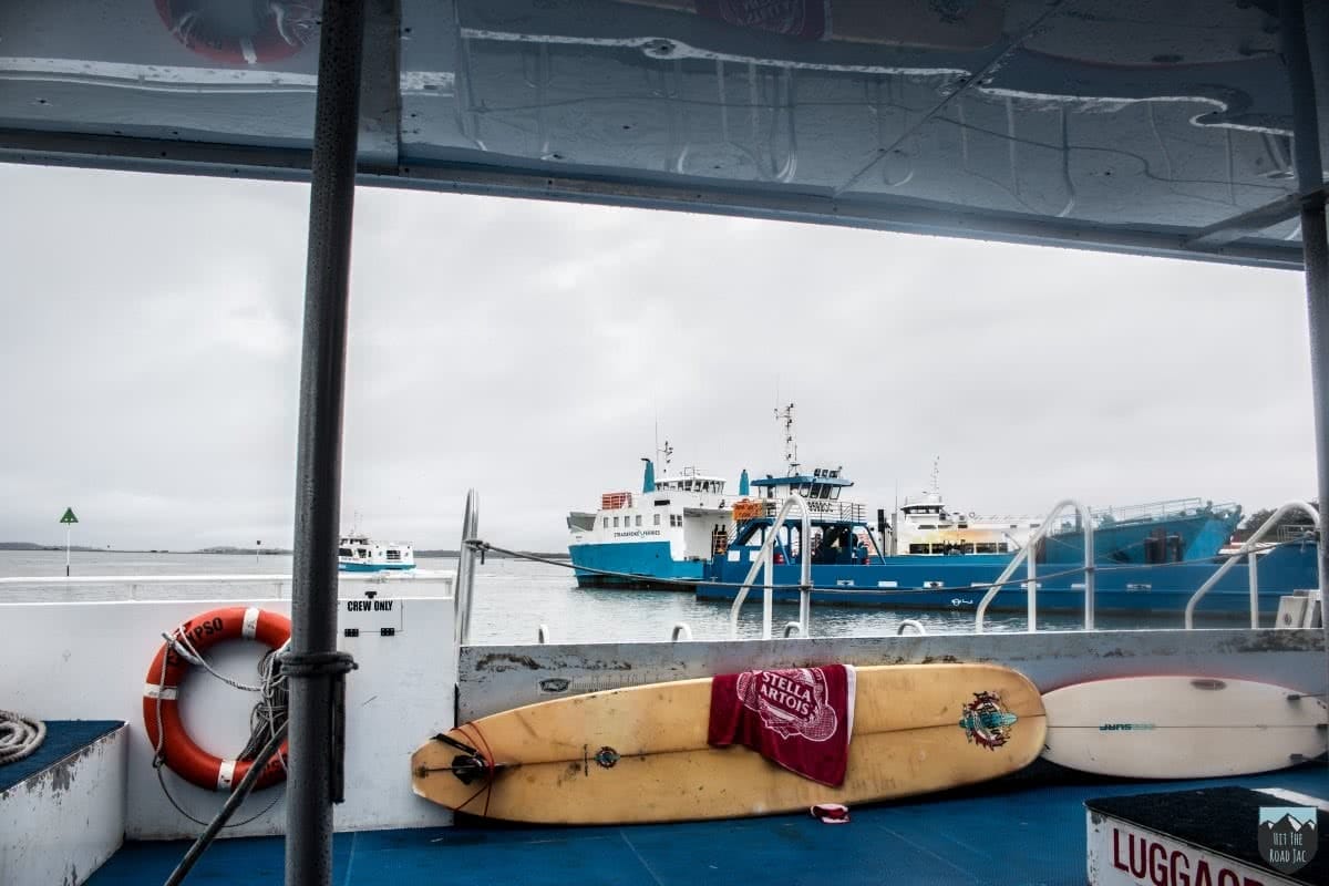 Across the Ditch To Minjerribah // Stradbroke Island (QLD), Jacquie Tapsall, surfboard, ferry, deck, boat, towel, lifesaver