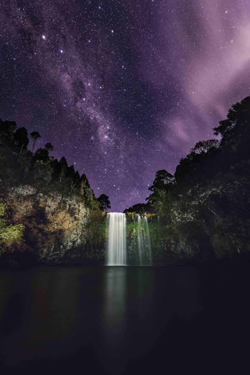 Waterfall Way // Coffs Harbour to Armidale (NSW) Matt Horspool, night, purple sky, pool, waterfall, astrophotography, stars, hero
