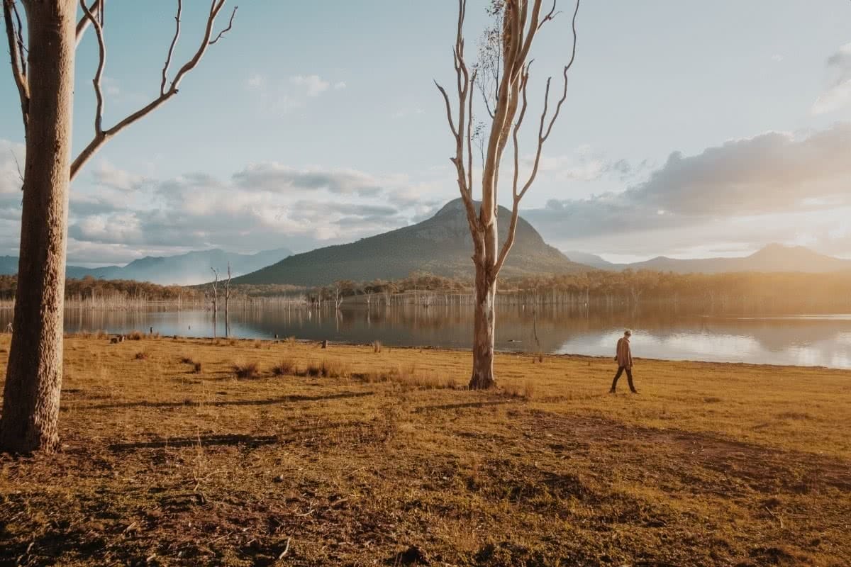 Harry Candlin Overnighter At Lake Moogerah QLD. tree, lake, mountain, person