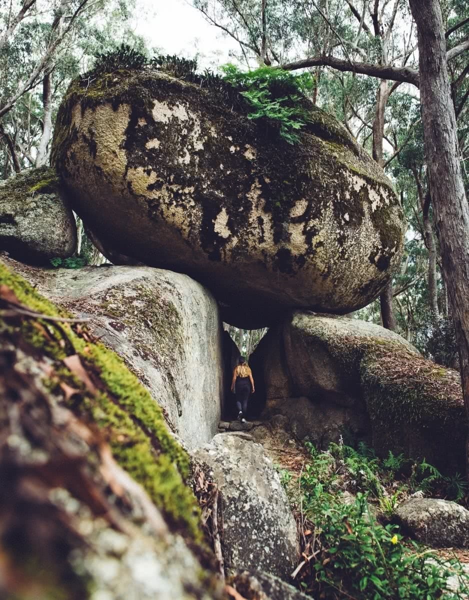 Top 6 Sydney Camping Escapes (by Public Transport), Henry Brydon, Royal National Park, boulder, woman, balancing, hero