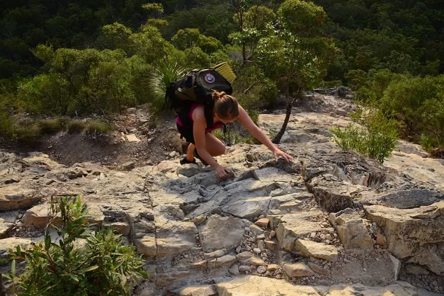 Beginner Climbing Spots in Brisbane (QLD) Saphira Schroers Tips from a Newbie Rock Climber // Beginner Climbing Spots in Brisbane (QLD) Mt Tibrogargan, woman, backpack, scrambling, climbing, rocks