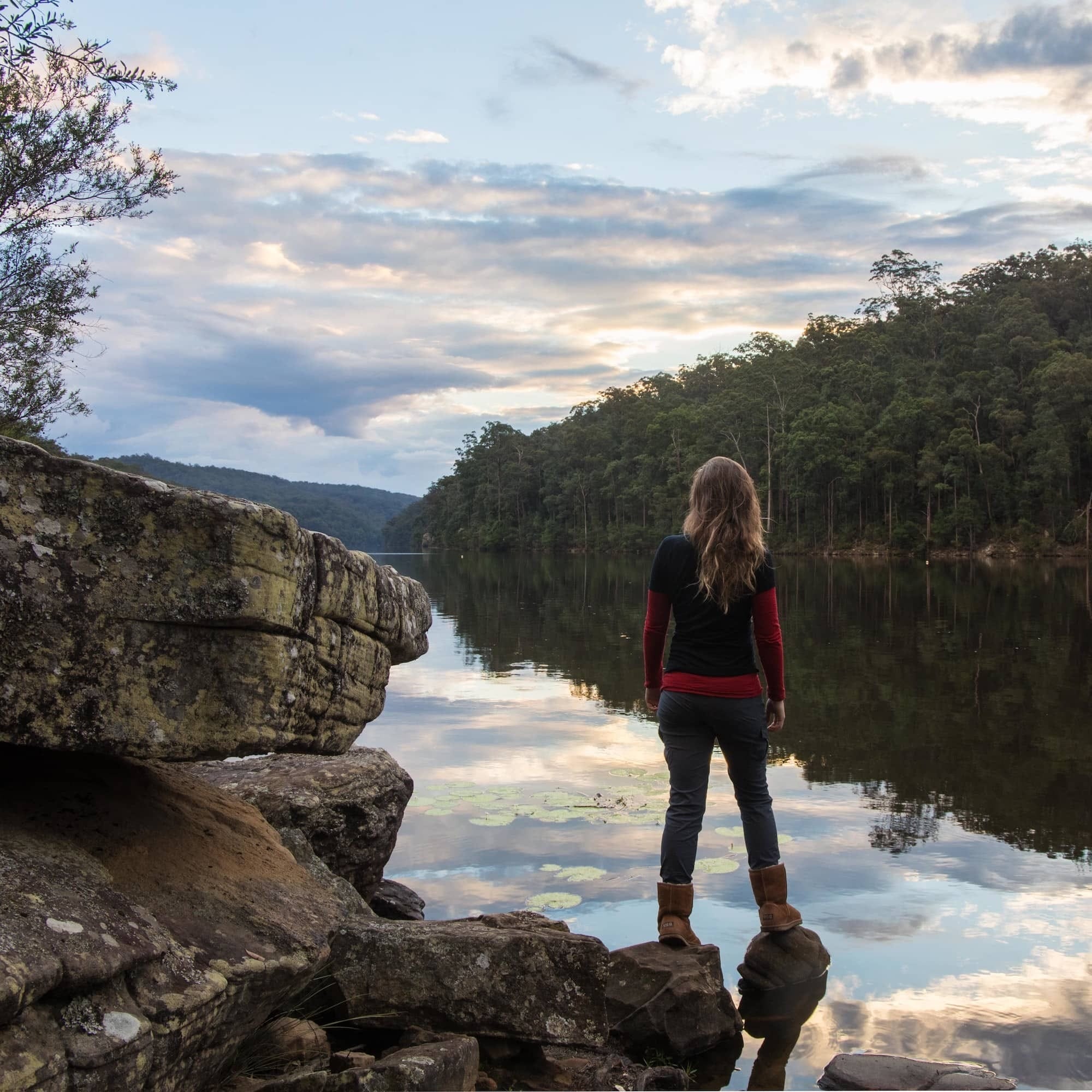 Canoeing Lake Yarrunga, Kangaroo Valley, NSW, person, glassy, lake