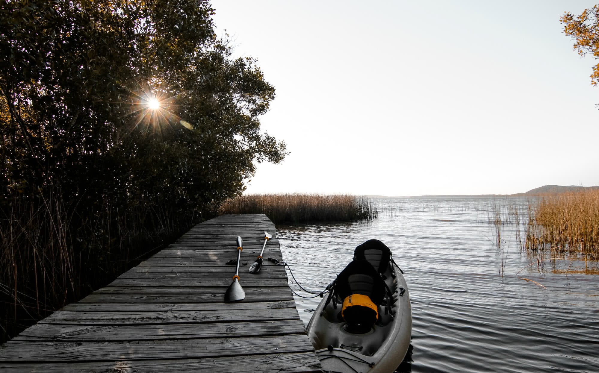 Scout Hinchliffe Lake Cootharaba Moored Kayak, kayak, paddles, dock, jetty