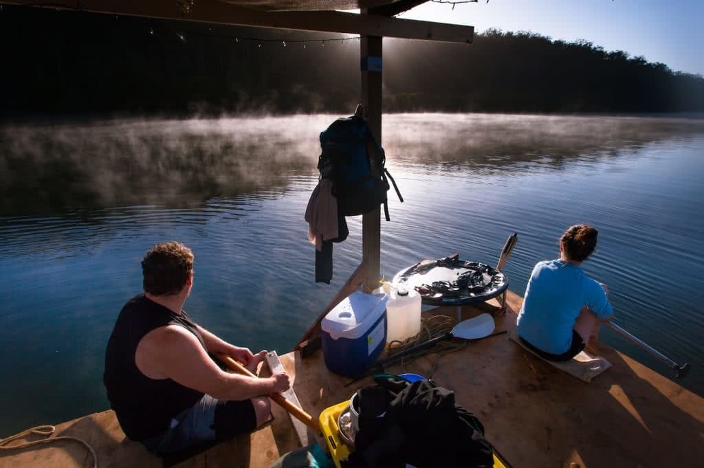 Travels By Tide // A Modern Day Huck Finn Adventure Joel Johnsson, raft, man, woman, river, view, mist