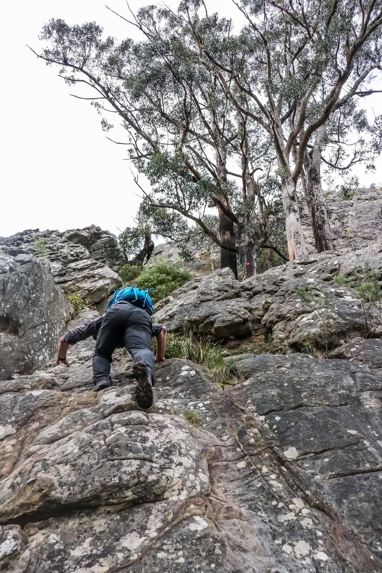 Cathedral Range State Park VIC Chris Paola, climbing, rocks, man, backpack Sugarloaf_climb