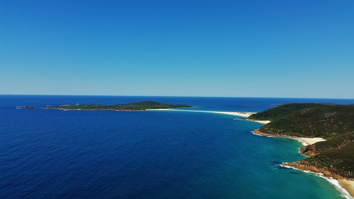 Tomaree Head Summit Walk Port Stephens (NSW), Natalie Hardbattle, causeway, sand, island, headlands, ocean, blue, horizon, hero