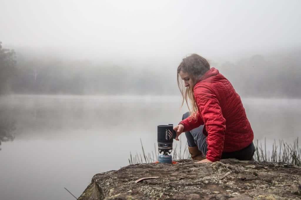 rachel dimond, jetboil, lookout, lake, stove, green in the backcountry