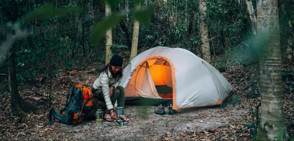 In Search Of A Rainbow // The Cooloola Great Walk (QLD) Jesse Lindemann, tent, camping, woman, light, backpack, trees, forest