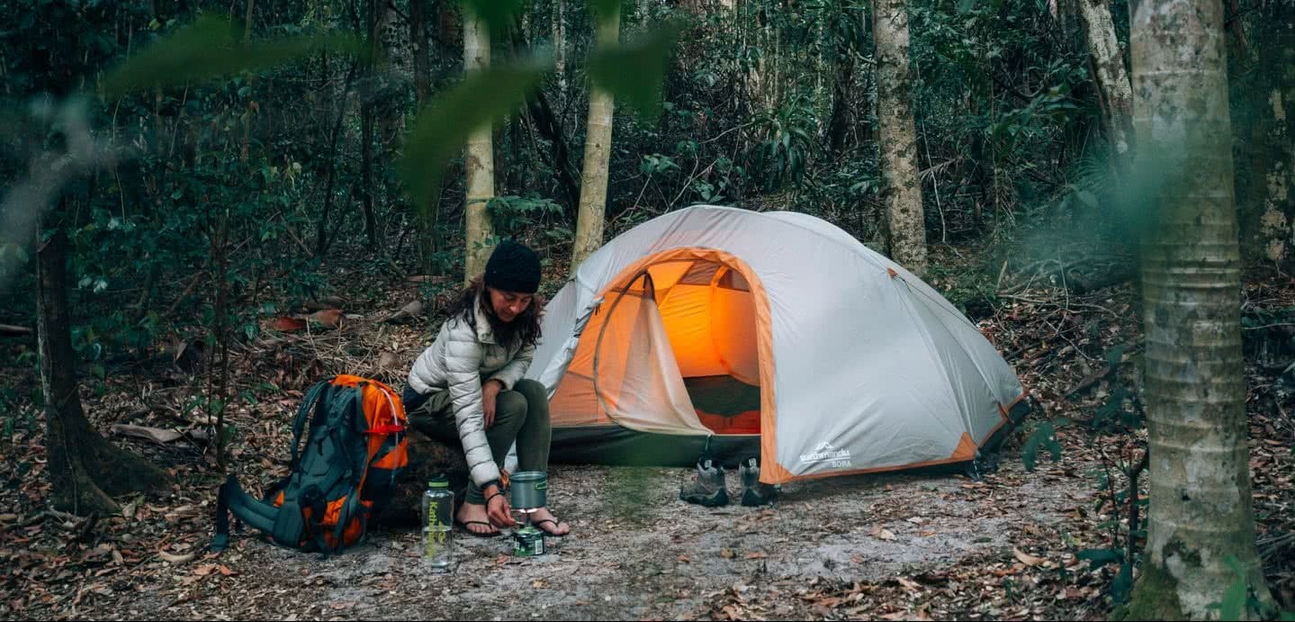 In Search Of A Rainbow // The Cooloola Great Walk (QLD) Jesse Lindemann, tent, camping, woman, light, backpack, trees, forest,, hero