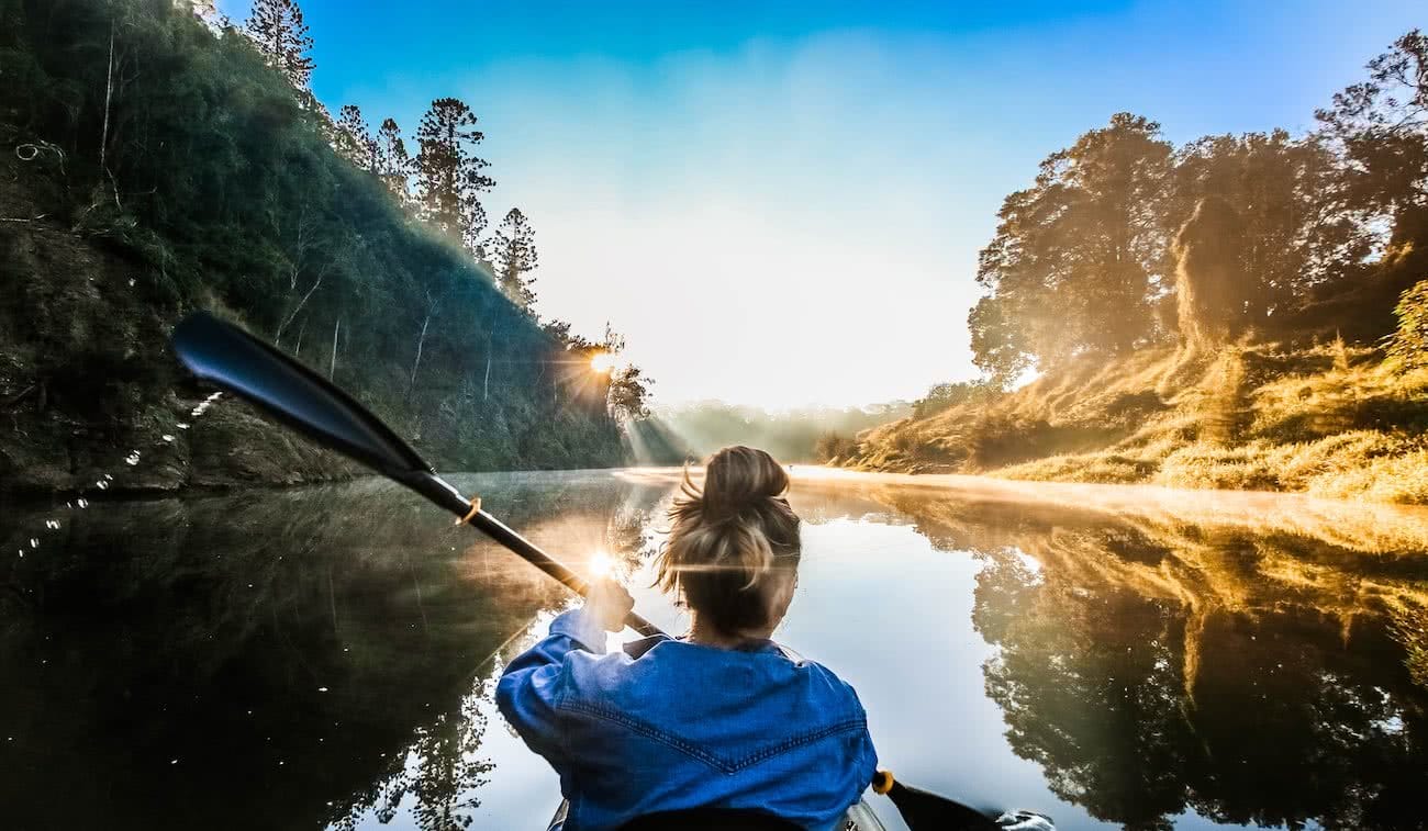 7 Killer Kayak Adventures On The Sunshine Coast (QLD), Scout Hinchliffe, water, paddle, woman, glassy, mirror, reflection, hero, blue sky, MARY RIVER