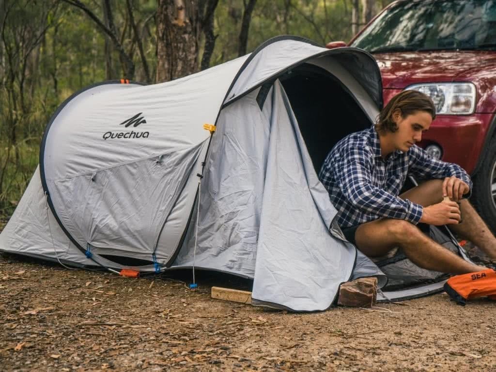 Quechua 2 Second Pop Up Tent // Gear Review Riley Kruck, tent, guy, shoes, car