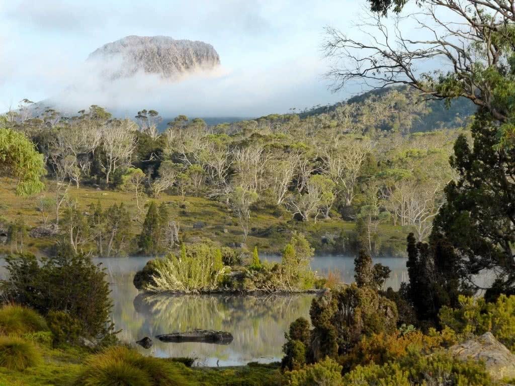 Highlights Of The Overland Track (VIC) Lake Windermere - Sarah Barlow, Photo Jo Barlow, lake, island, trees, mist, mountain peak, appearing, shrouded
