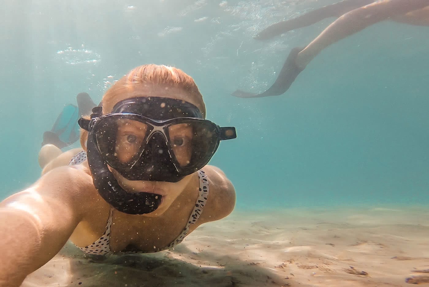 River Snorkelling // Brunswick Heads (NSW), Scout Hinchliffe, snorkelled, swimsuit, underwater, fins, bubbles, portrait, face, closeup