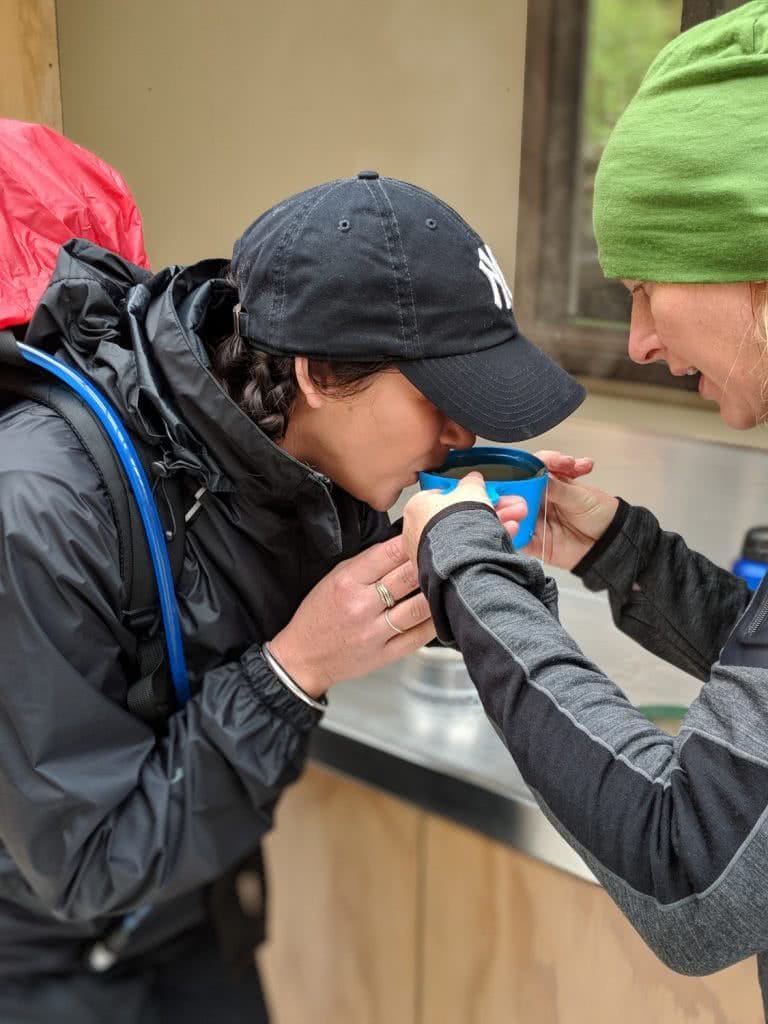 Soggy, Snowbound And Stoked // Routeburn Track (NZ), Rachel Dimond, Day 1 - Trail friend shares her tea, warming up, hydration