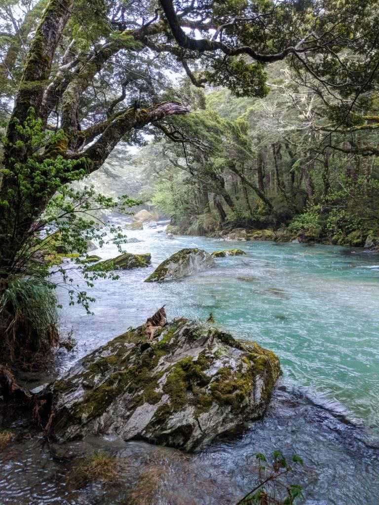 Soggy, Snowbound And Stoked // Routeburn Track (NZ), Rachel Dimond, Day 1 - Routeburn River, river, rocks, trees, boulders