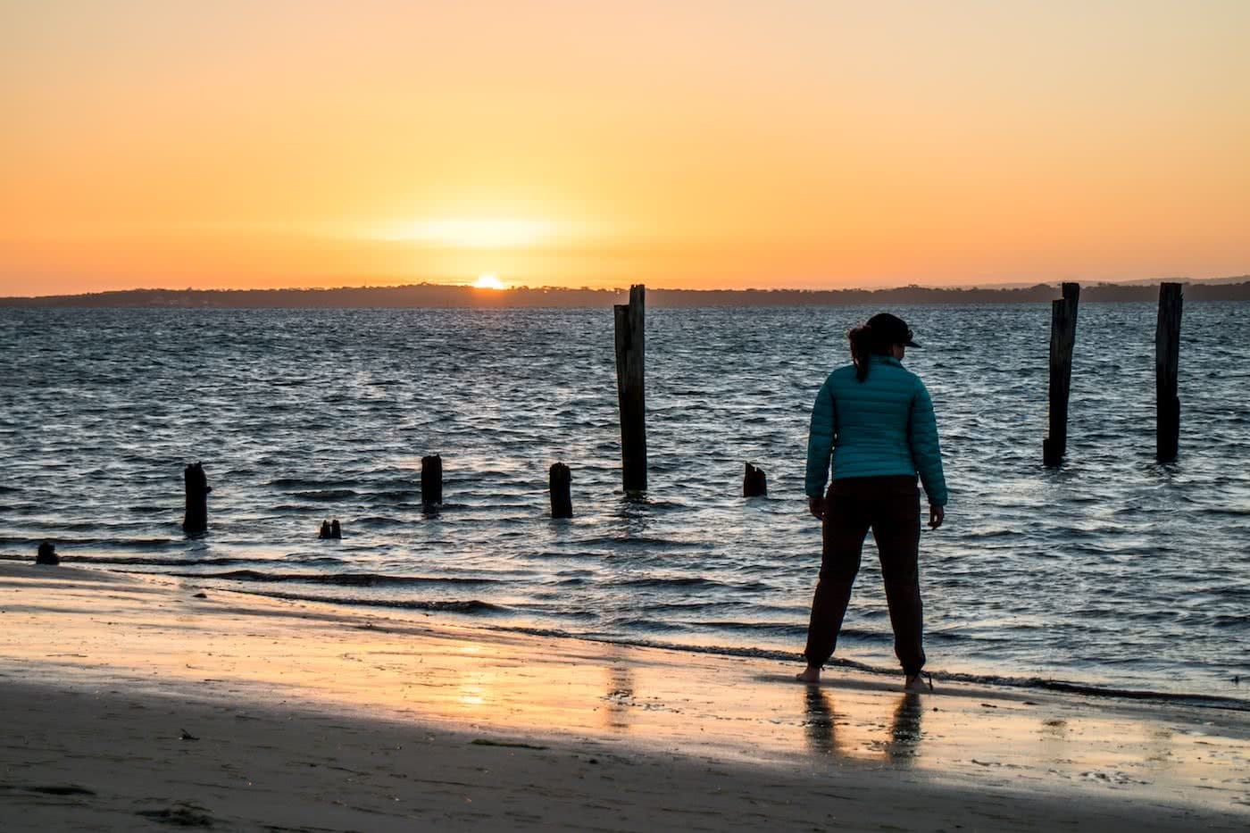 French Island // Melbourne's Wilder Island Adventure, Chris Paola, wreck, sunset, wet sand, orange, standing, ocean