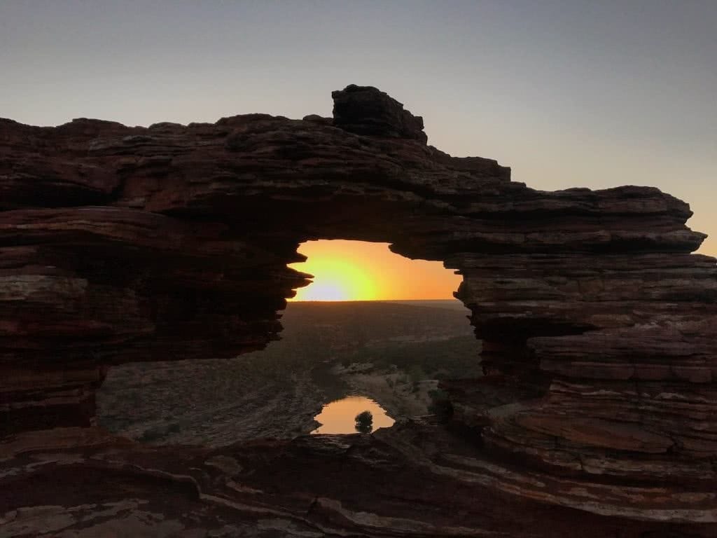 Sunrise At Nature’s Window // Kalbarri National Park (WA), Tiffany Hulm, hole, arch, rock formation, river reflection, sunrise