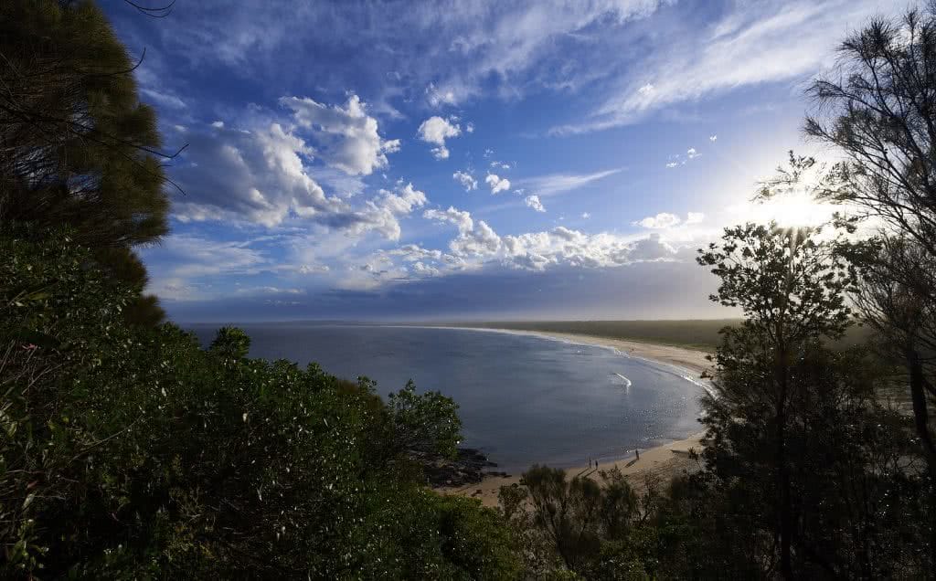 Coastal Sanctuary // Broulee And Broulee Island (NSW), Neil and Gabby Massey, bay, sand, trees, clouds, headland