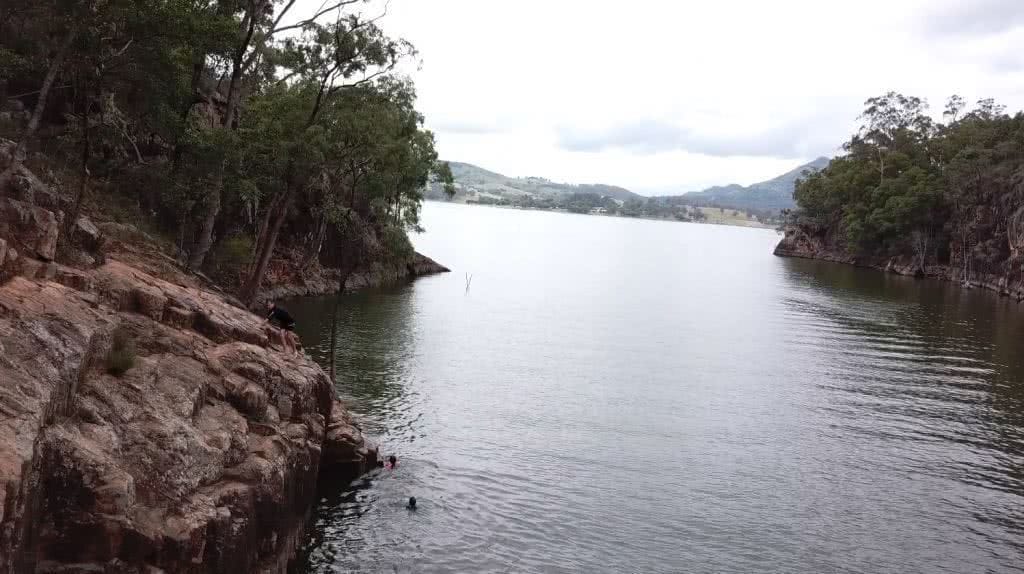 Rock Jumps At A Secret Gorge // Lake Moogerah (QLD), Kate Bennie, water, rocks, clouds, kids, swimming