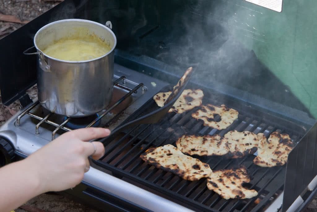 Camp Kitchen // Indian Style Lentils Recipe, Rachel Dimond, fry the chapati, billy, stove, grill