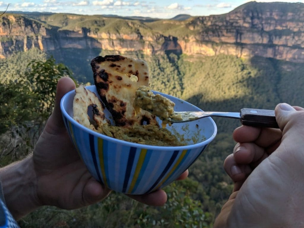 Camp Kitchen // Indian Style Lentils Recipe, Rachel Dimond, dinner with a view, bowl, escarpment, lookout, fork