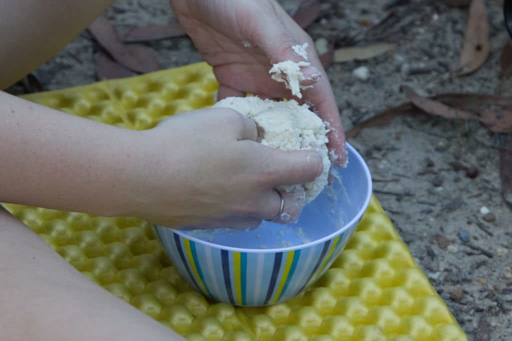 Camp Kitchen // Indian Style Lentils Recipe, Rachel Dimond, combine to dough, bowl, hands, kneading