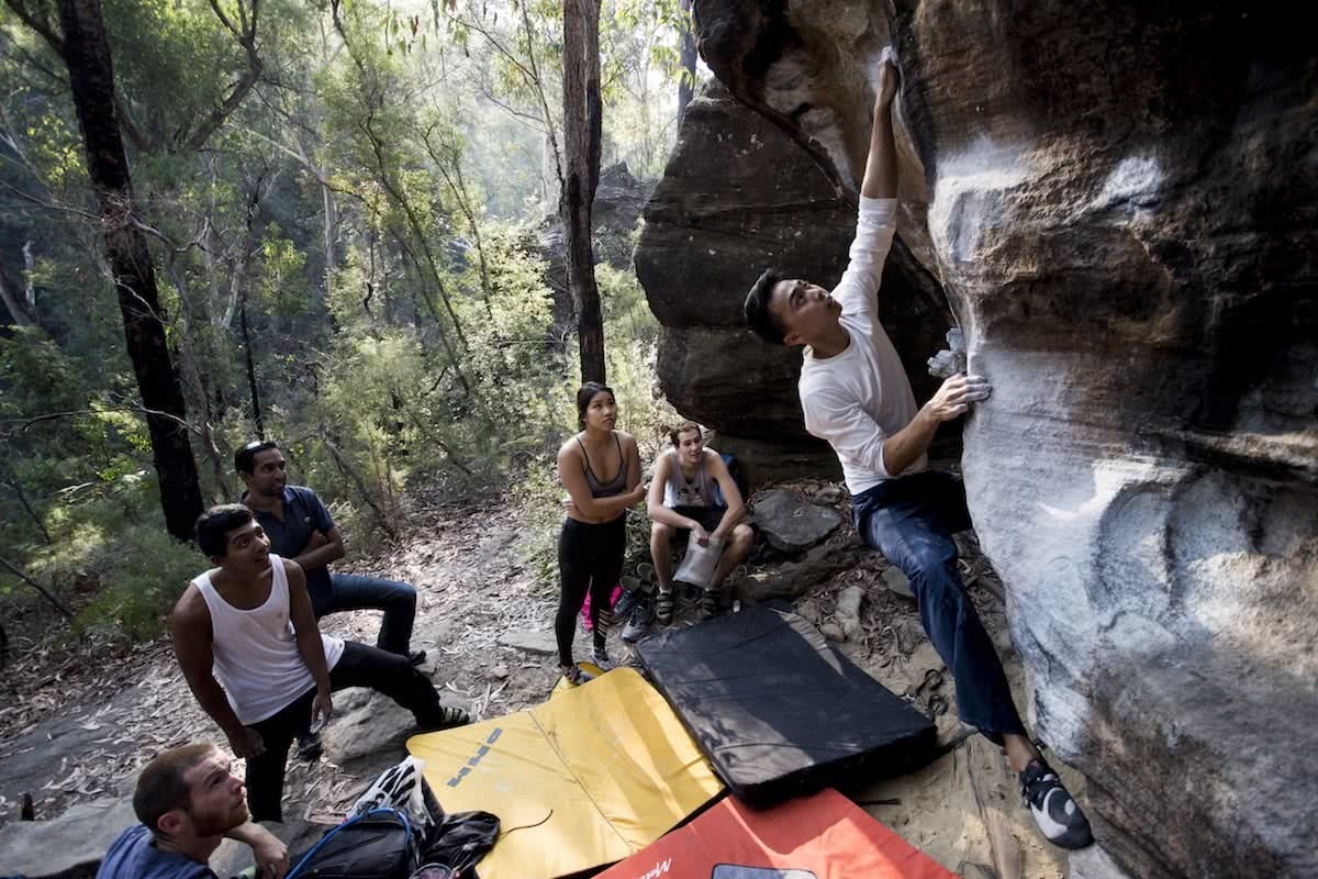 aron hailey, attack of the gimps, bouldering, crowd, types of rock climbing, send, chalk