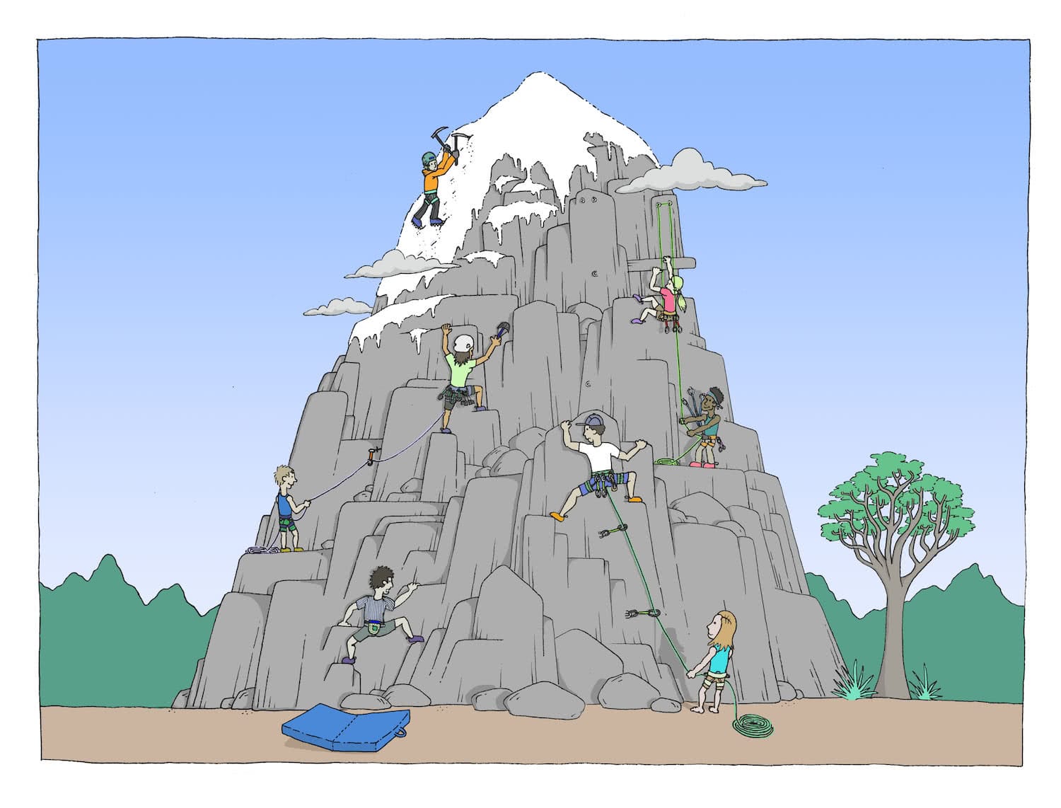 Aidan Howes, Mt Climbers, illustration, types of rock climbing, climbing month