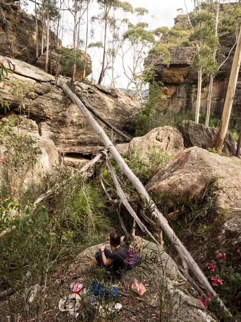 5 Ways You Can Protect Our Wild Places, James Stuart, Hidden creek gully near Pierces Pass, Blue Mountains National Park, fallen tree, boulders, person, sitting