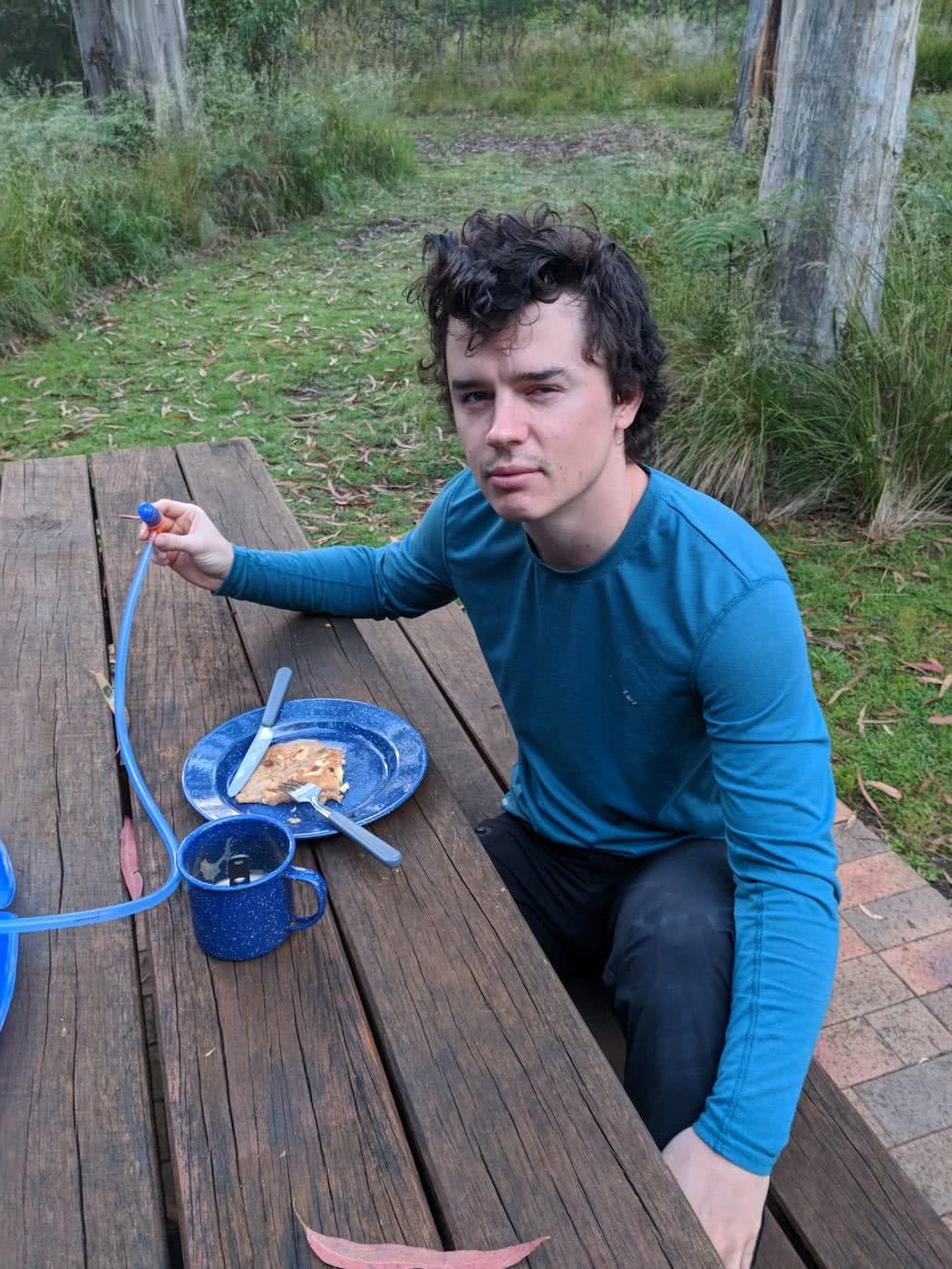 Apple And Cinnamon Pancakes // Camp Kitchen, Rachel Dimond, aquapack, hydration pack, morning, bedhead, sleepy, breakfast, waking up, coffee, bench