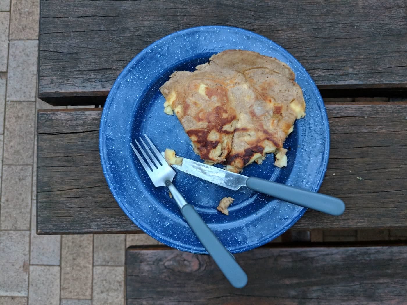 Apple And Cinnamon Pancakes // Camp Kitchen, Rachel Dimond, knife, fork, plate, food, eaten