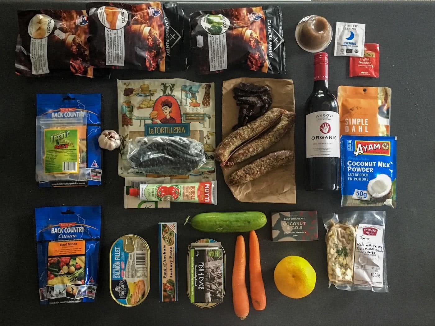 Food is Fuel // A Guide To Healthy Eating In The Wild, Amelia Gillies, ingredients, food, packing, kit, carrots, cucumber, rice, wine, dehydrated food.