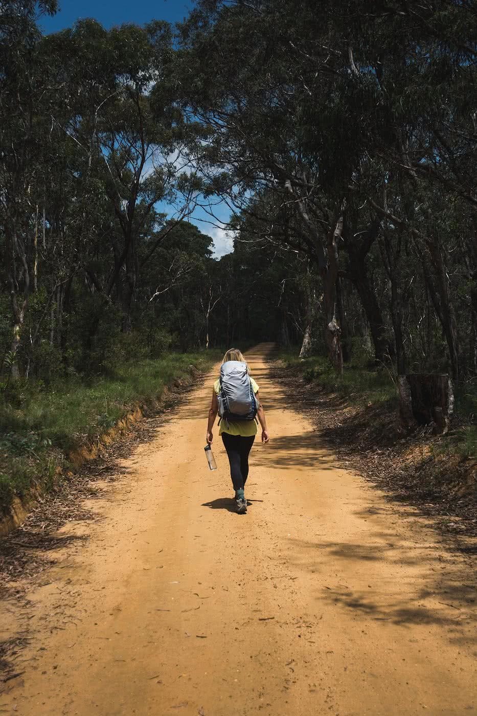 Escape From The Urban // Blackheath To Acacia Flat (NSW), Matt n Kat Pearce, Kat on fire trail, hiker, backpack, trees