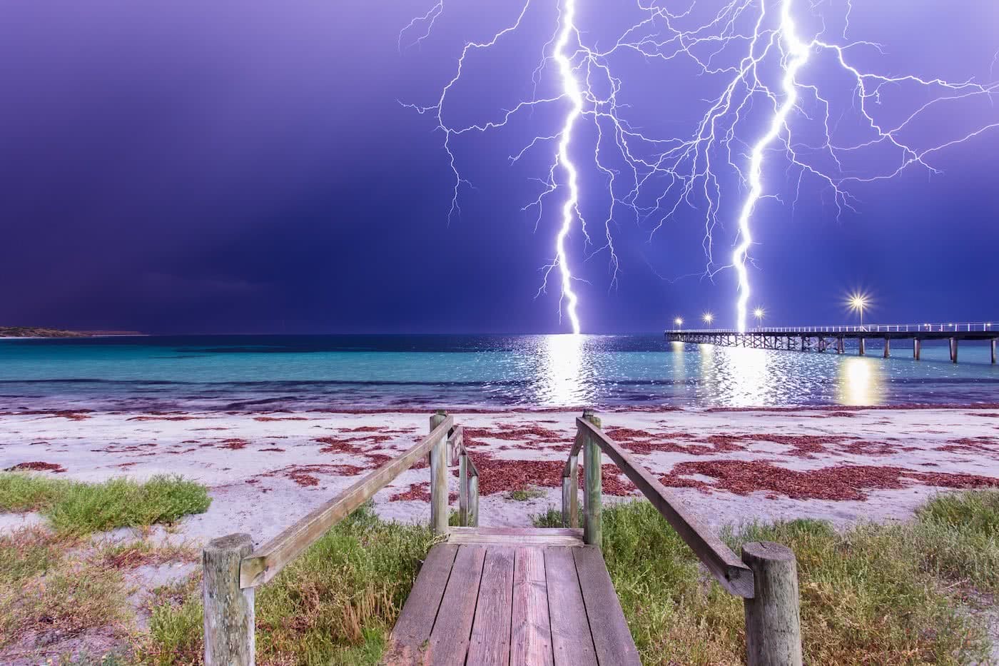 A Hiker’s Guide To Lightning Safety, Xavier Anderson, photo Luke Gardner, pt neill comp, boardwalk, storm, ocean, beach, pier, dunes, hero