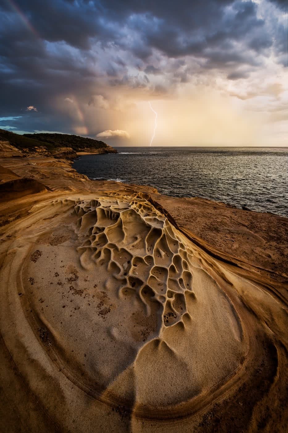 A Hiker’s Guide To Lightning Safety, Xavier Anderson, photo Jake Anderson, Putty beach Storm, sandstone, rock formations, ocean, sky