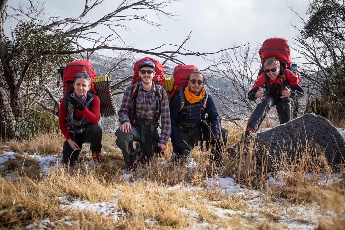 Rachel dimond, kathmandu X We Are Explorers Alpine Trip, Tips for your first winter trip into the backcountry from someone who has been there, snowy mountains Kosciuszko National Park, nsw, group shot, rap squats