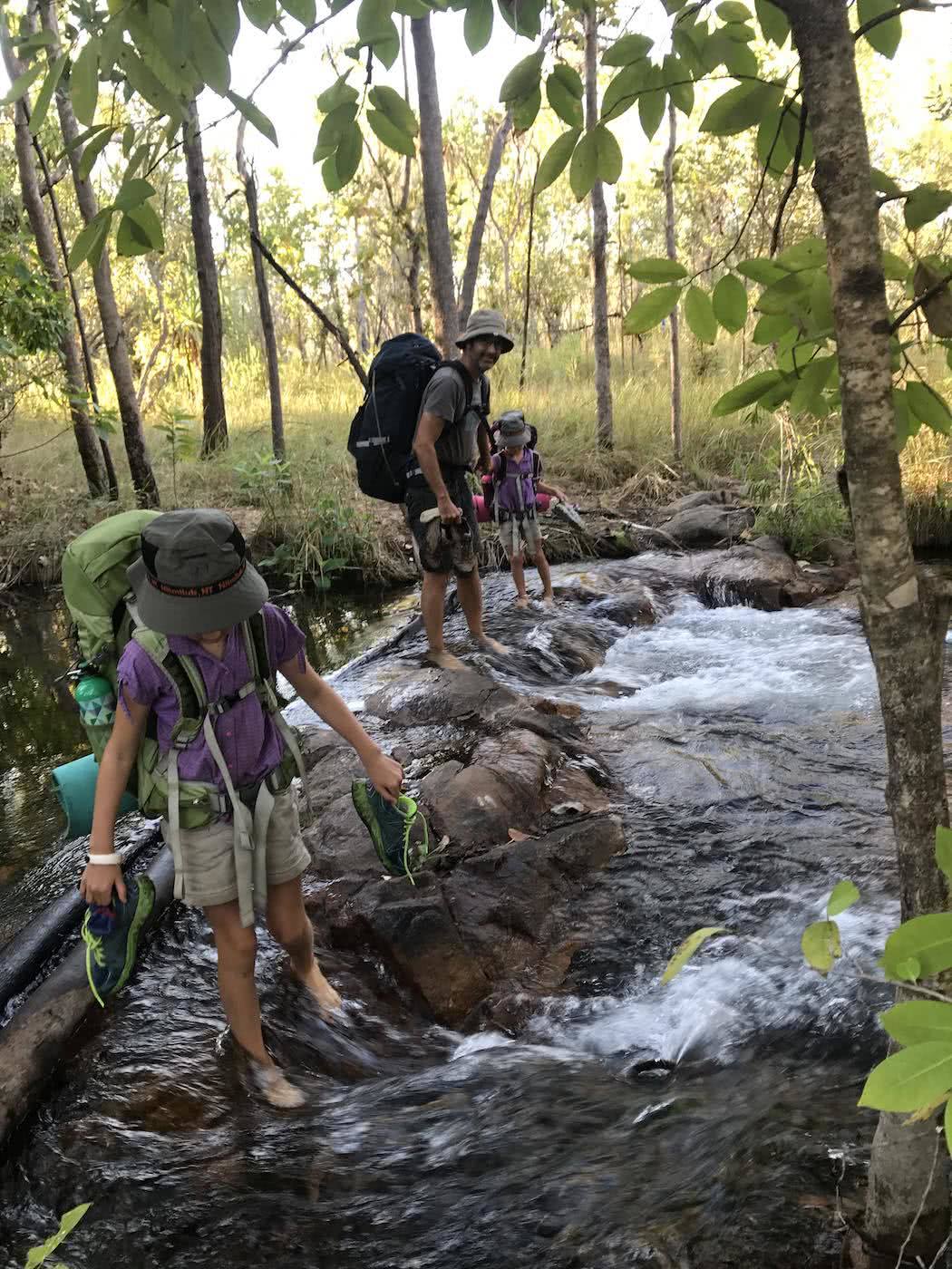 Training Kids Up For Multi-Day Hikes, Helen Cooper, river, barefoot, ford, crossing, stepping stones