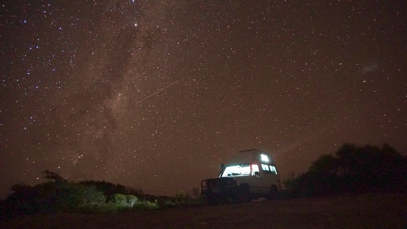 Troopy Travels // Chasing Sunsets From Byron Bay To The Ningaloo Reef, Alice Forrest, Twilight Beach-Esperance, photo by Angel Grimaldi, night time, sky, stars, van, lights