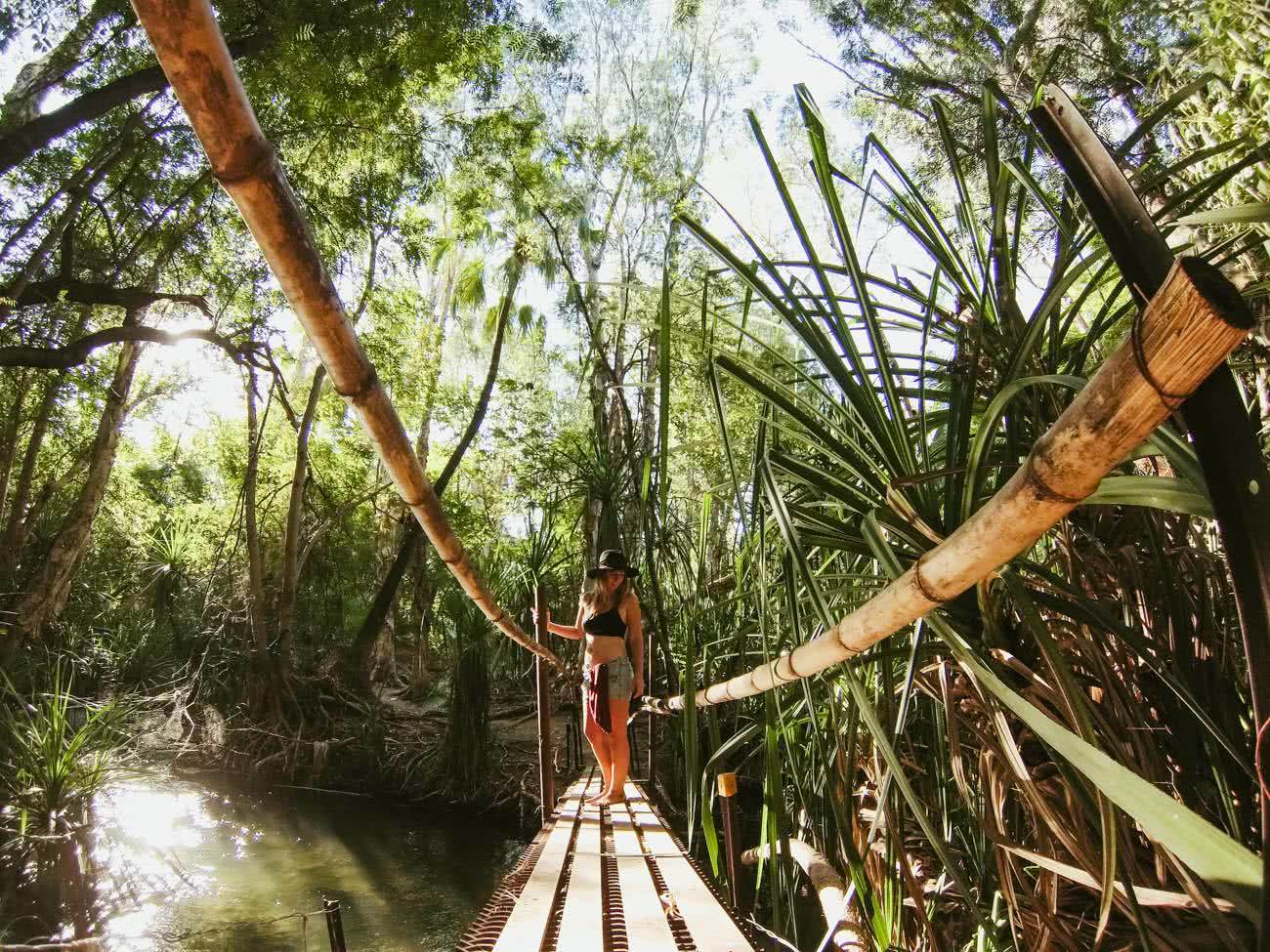 Out There In An Outback Oasis // Adels Grove (QLD), Grace and Brenton Keller, bridge, woman, bamboo, jungle