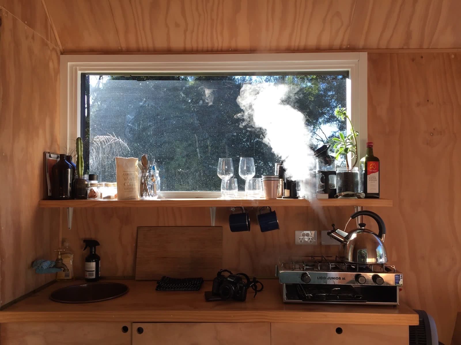 A Notification Vacation // The Cabin Series With Unyoked, photo by Tim Ashelford, miguel, unyoked cabin, coffee, kettle, steam