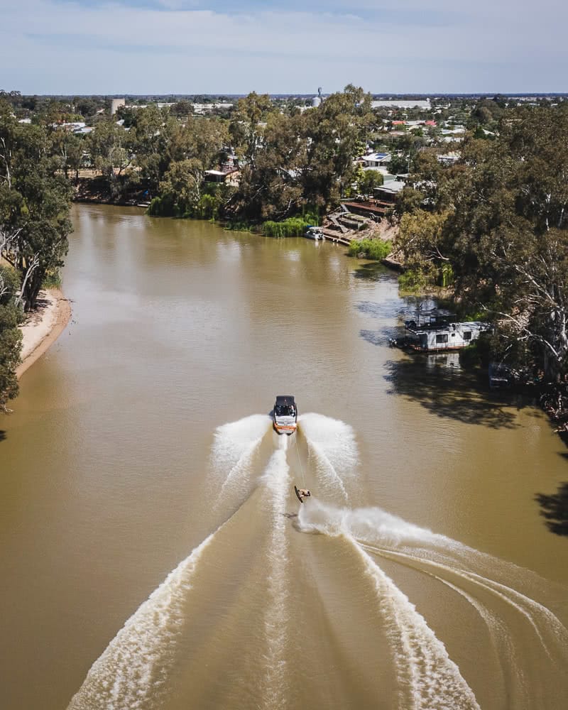 Deniliquin Should Be Your Next Weekend On The River, photo by Ben Savage, deniliquin, nsw, visit deni, drone, wakeboarding