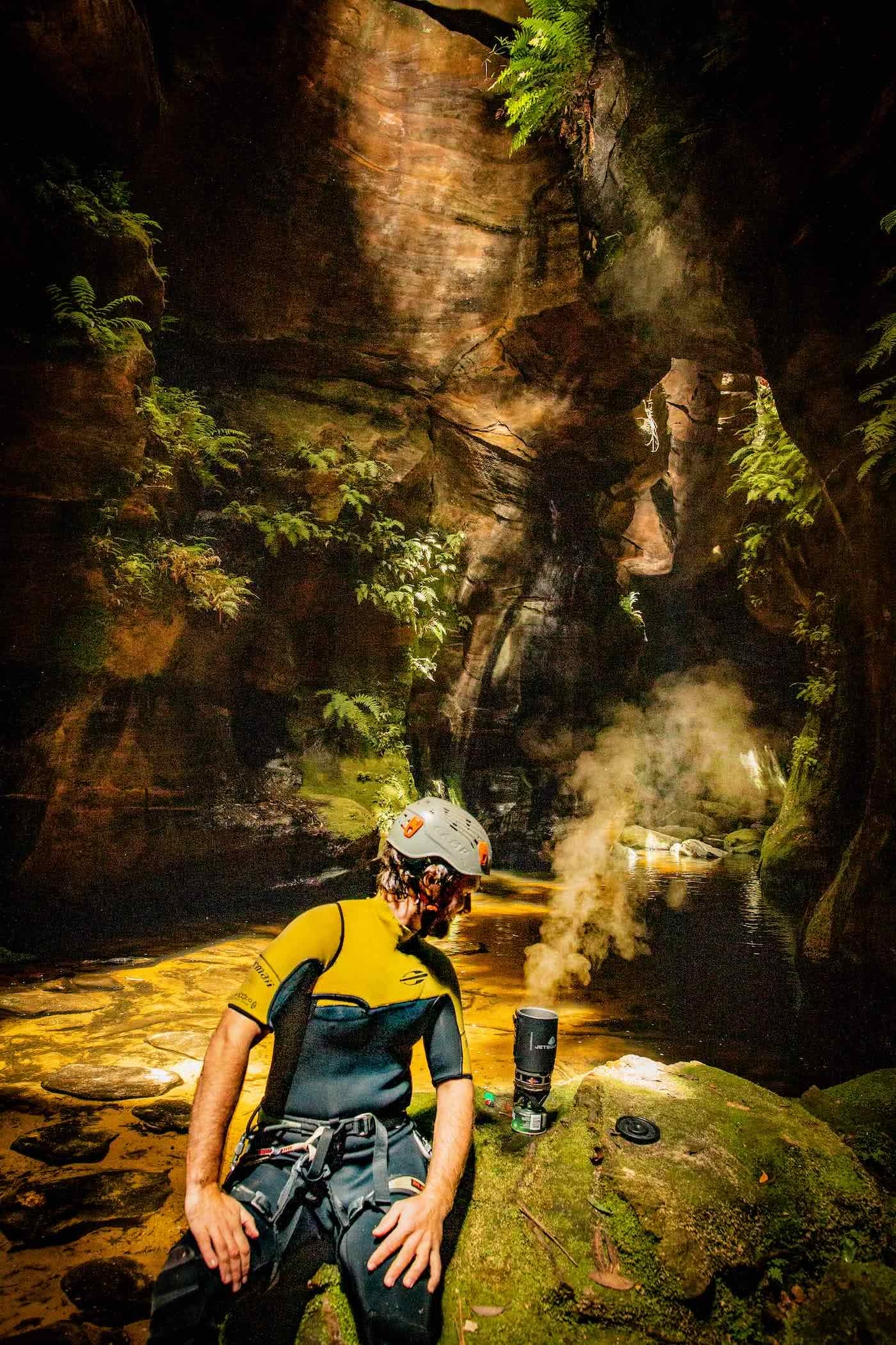 Canyoning In Search Of A Good Beer Harriet Farkash, Osprey Adventure Grant, campsite, blue mountains, canyon, jet boil