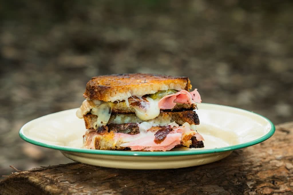 Drool Over This Gourmet Campfire Toastie // Camp Kitchen, Jonathan Tan, sandwich, Cheese, plate, log