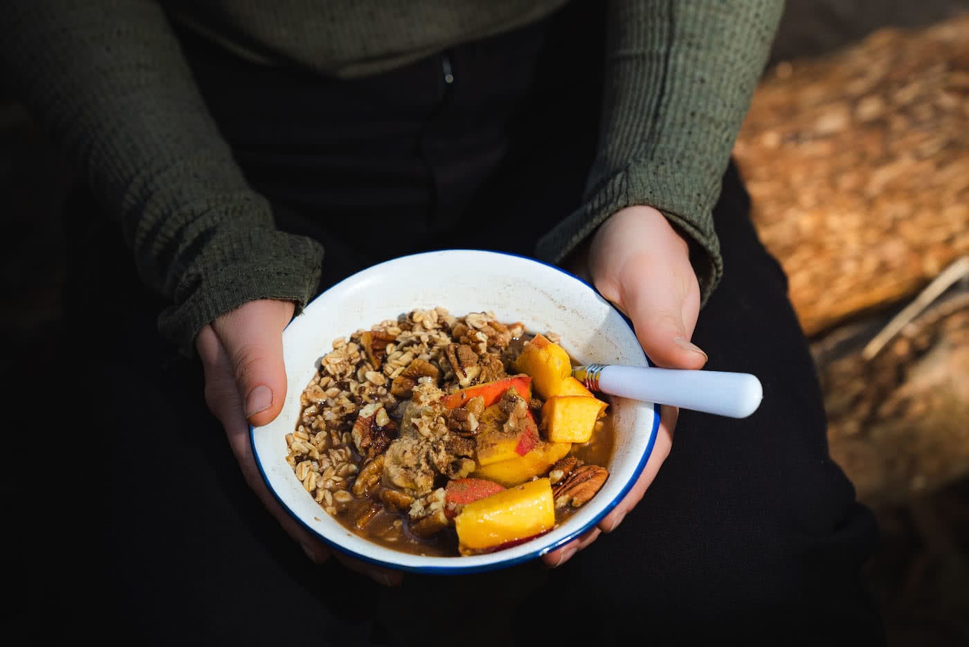 The Three Bear's Tip 'n' Mix Porridge // Camp Kitchen, Jonathan Tan, porridge, oats, peach, hands, bowl