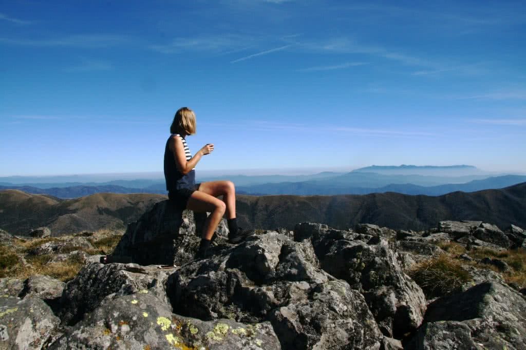 Check Out These Epic Views And Delicious Brews, Hilary McAllistar- Mt Loch Summit, on the Huts Trail walk, Mt Hotham, coffee