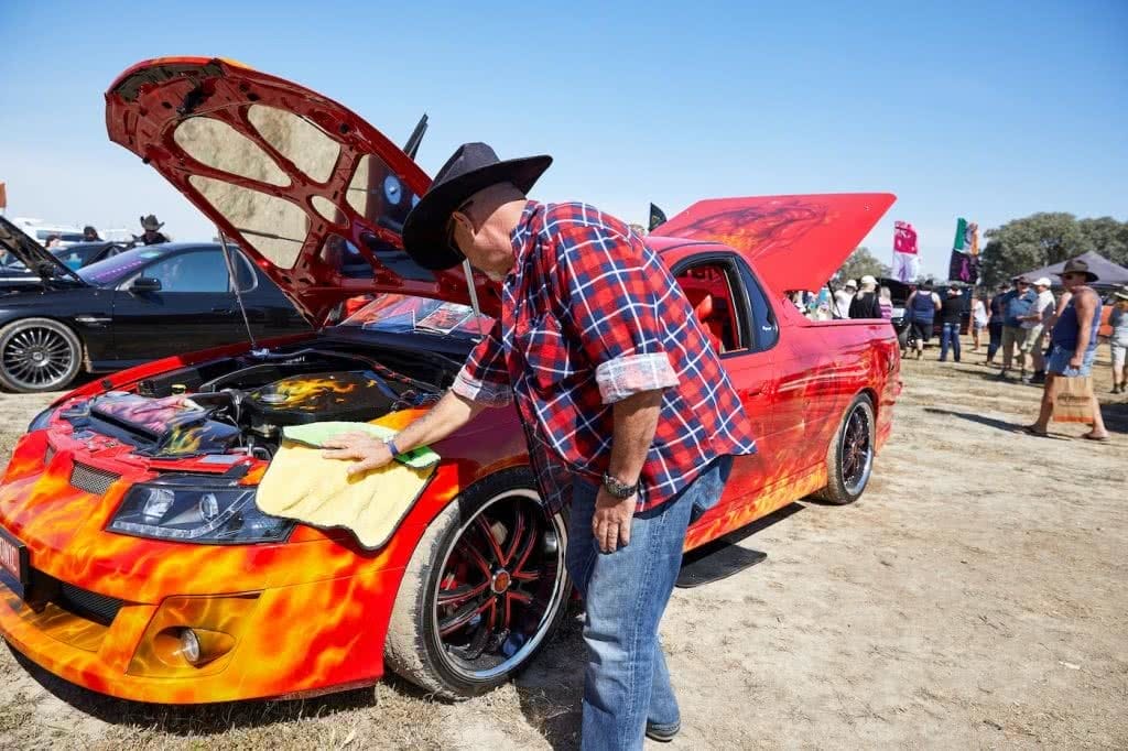 Fair Dinkum Aussie Fun At The Deni Ute Muster, Pat Corden, ute, flames, man
