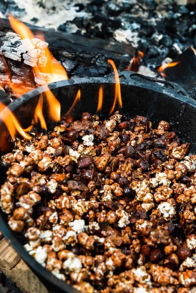 This Sweet 'n' Salty Popcorn Granola Is The Perfect Snack Attack, photo by Jonathan Tan, popcorn, pan, fire