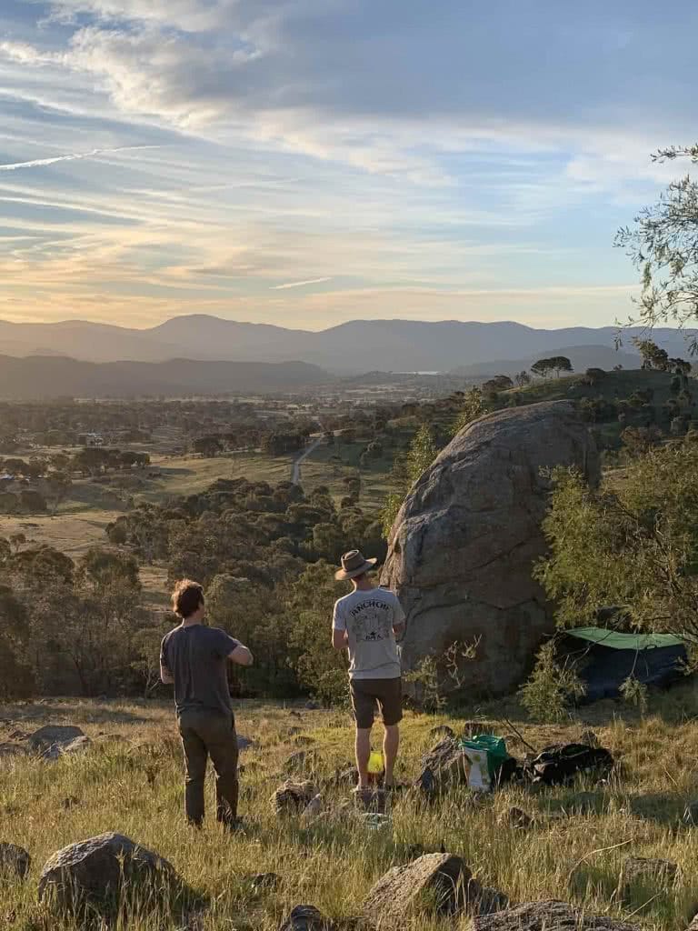 Outdoor Bouldering ‘Over The Fence’ In Canberra, Mattie Gould, boulder, view, sunset, friends, farmland