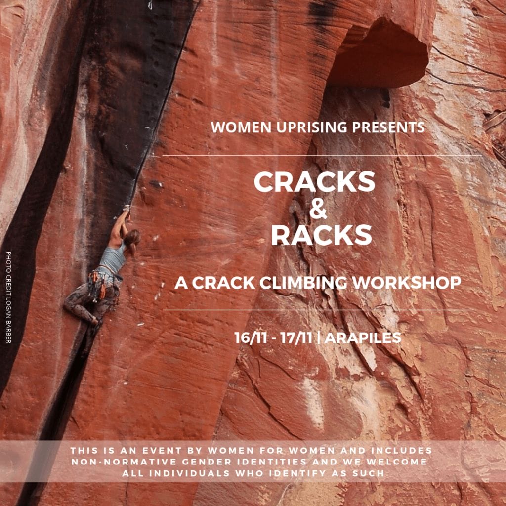 Check Out These Women Only Rock Climbing Events Happening This Month, photo supplied by Women Uprising, cracks and racks, women climbing, rock, cliff